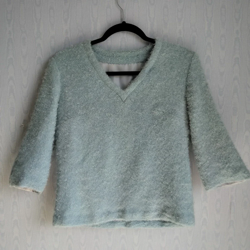 Vintage 1950s Skirt Set XS Handmade Fuzzy Light‎ Blue Pastel Jackie O Chic